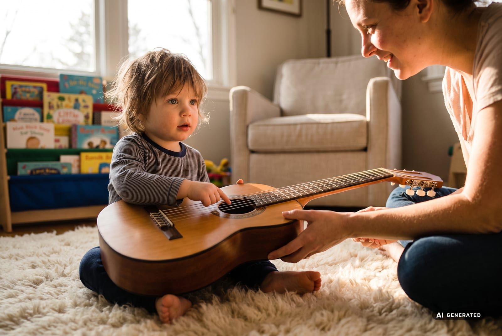 Kleines Kind entdeckt mit einem Elternteil neugierig die Saiten einer Kindergitarre