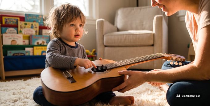 Kleines Kind entdeckt mit einem Elternteil neugierig die Saiten einer Kindergitarre