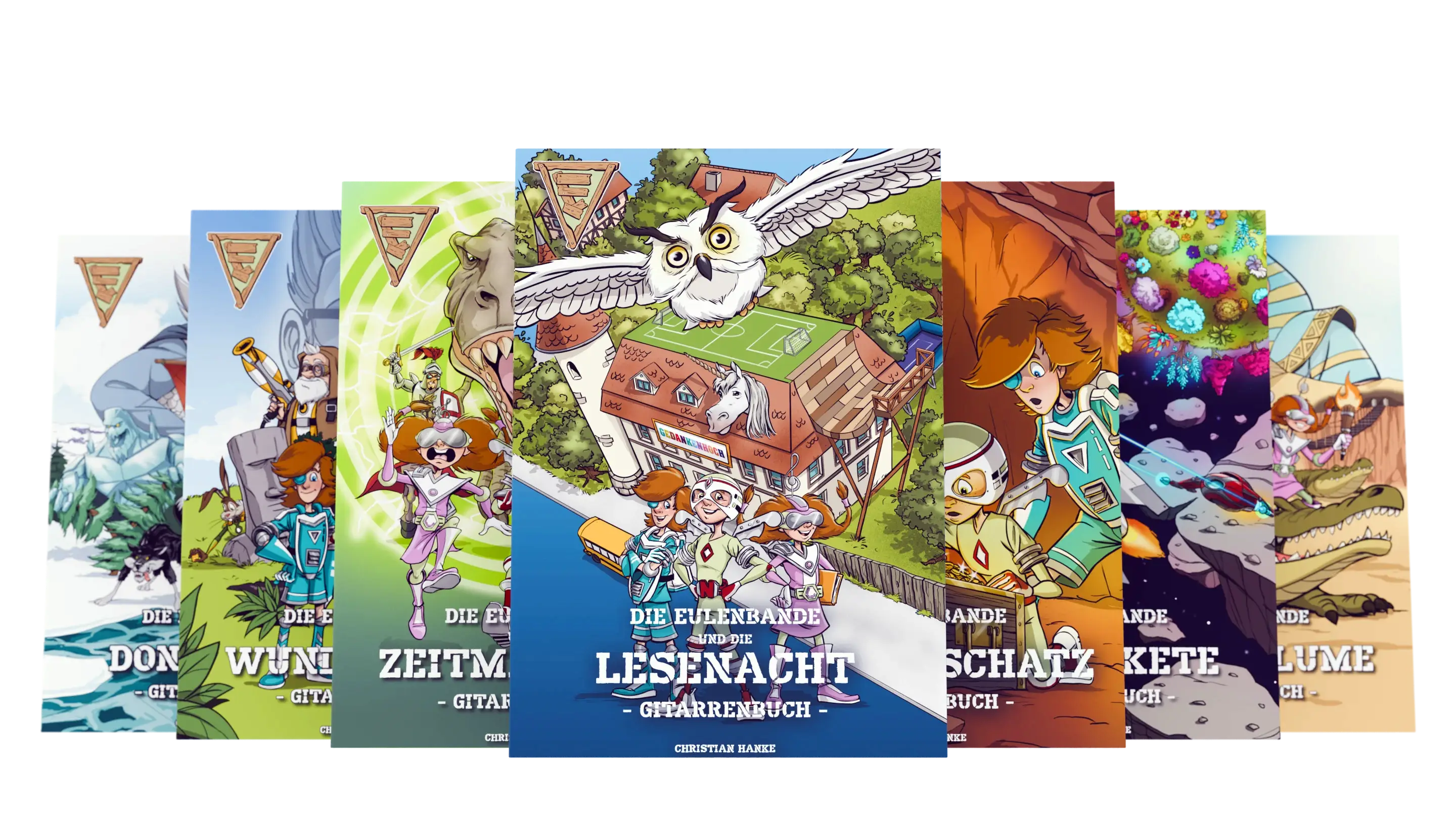 Alle Gitarren-Lehrbücher der Eulenbande aufgefächert nebeneinander