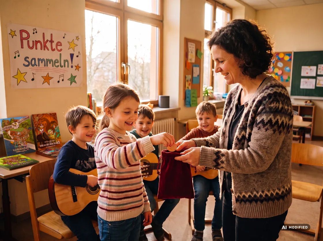 Kind zieht nach der Gitarrenstunde einen Punkt aus dem Belohnungssäckchen der Lehrerin