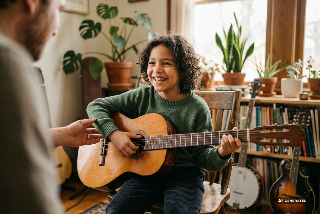 Musikunterricht mit Bildung-und-Teilhabe-Zuschuss: Junge übt lachend Gitarre, sein Lehrer hilft
