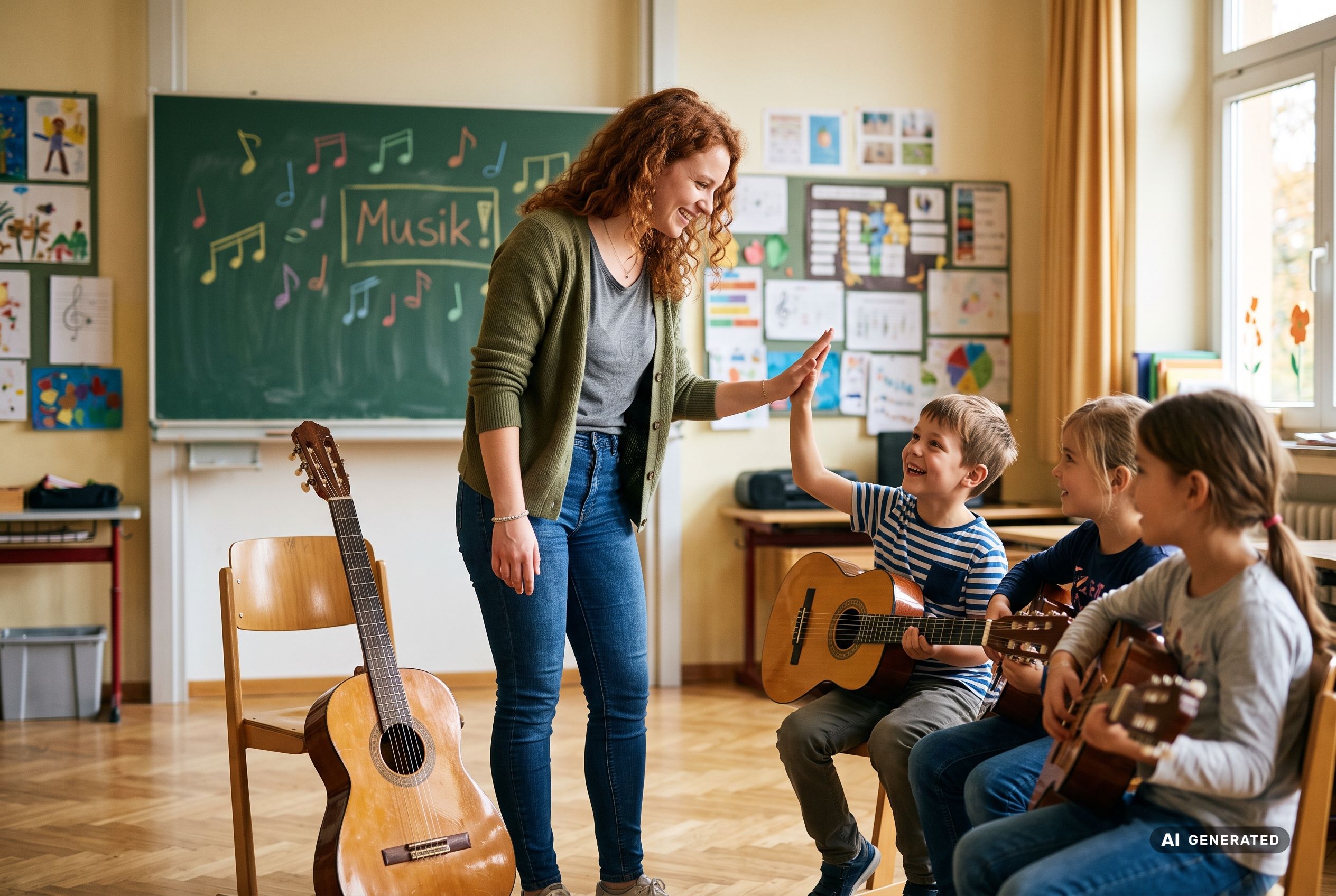 Musiklehrer:in gibt einem Grundschulkind in Worms nach der Stunde ein High-Five