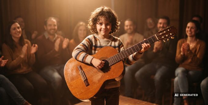 Kind spielt stolz mit Gitarre auf einer kleinen Bühne vor freundlichem Publikum