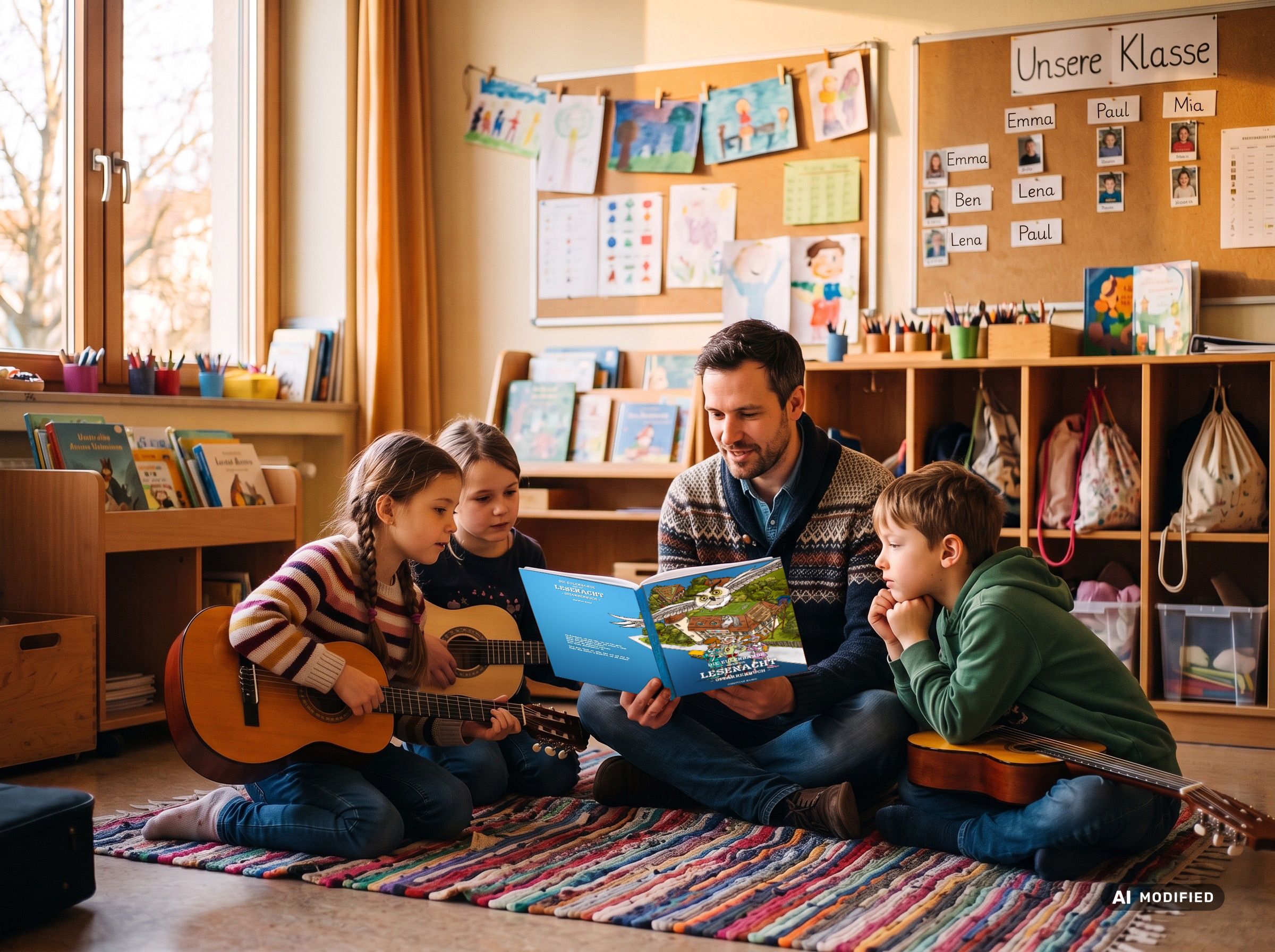 Gitarrenlehrer liest vier Kindern aus dem Eulenbande-Buch vor
