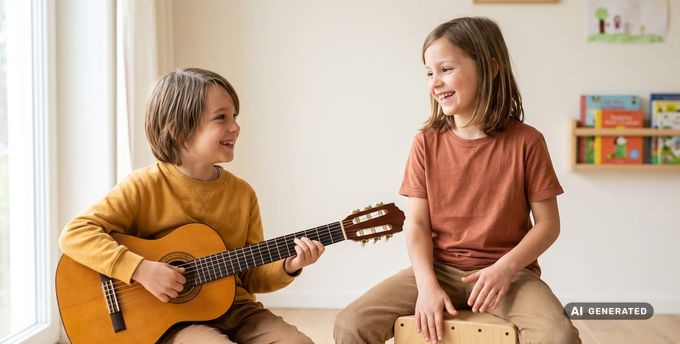 Zwei Kinder nebeneinander, eines mit Kindergitarre, eines an der Cajon-Trommel