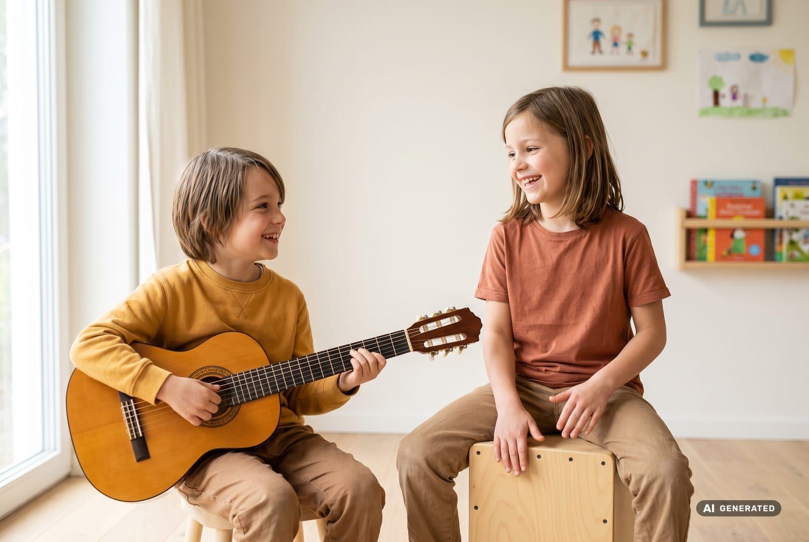 Zwei Kinder nebeneinander, eines mit Kindergitarre, eines an der Cajon-Trommel