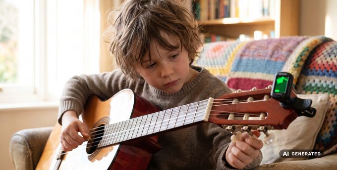 Kind stimmt seine Konzertgitarre mit einem Clip-Stimmgerät am Kopf der Gitarre