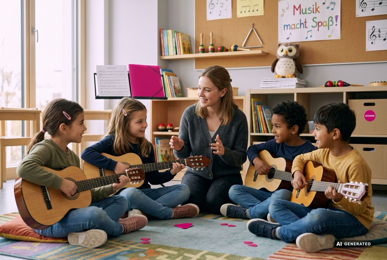 Fünf Grundschulkinder sitzen mit Gitarren im Kreis um ihre Musiklehrerin