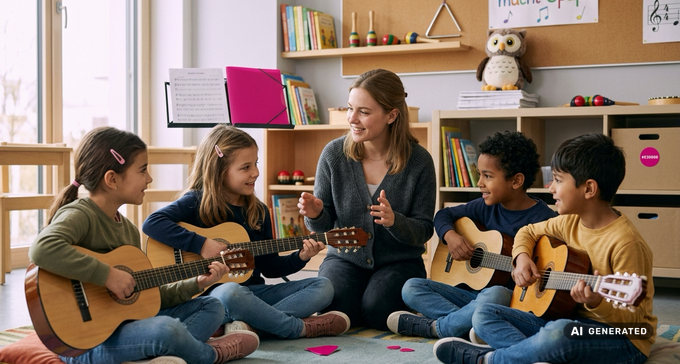 Kind spielt Gitarre in einer Grundschul-AG