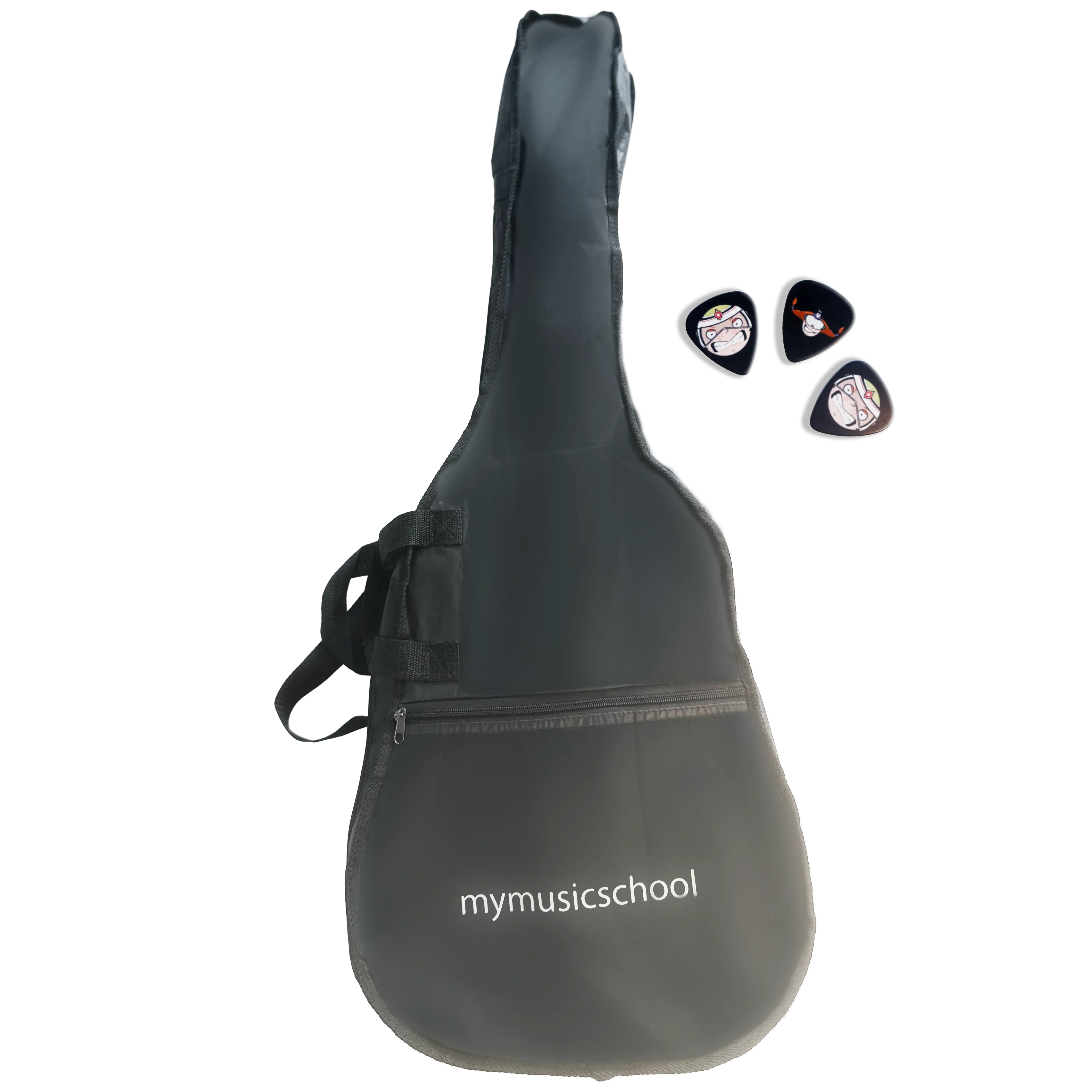 Schwarze Gitarrentasche mit mymusicschool-Schriftzug, daneben drei Plektren mit Eulenbande-Figuren