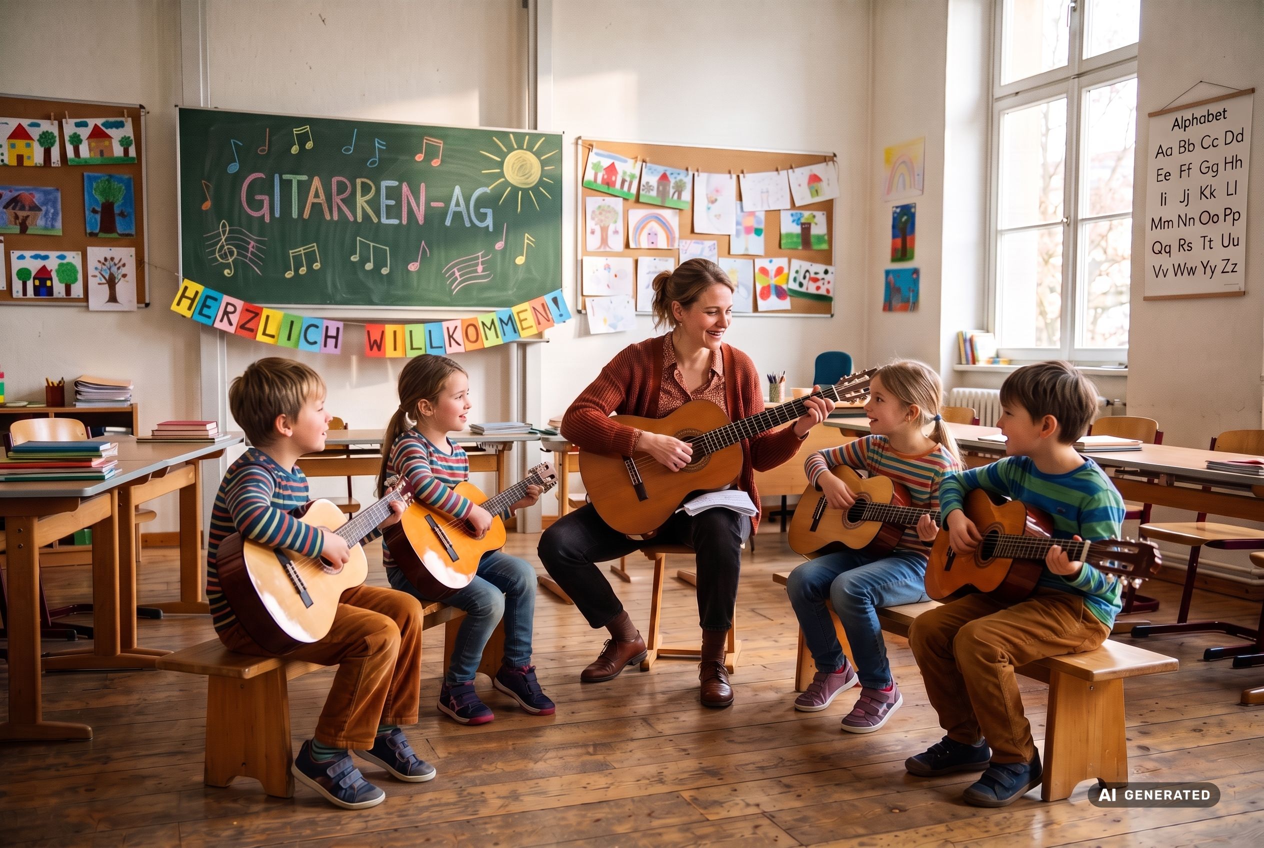 Gitarrenlehrerin übt mit vier Grundschulkindern in der Musik-AG im Klassenzimmer