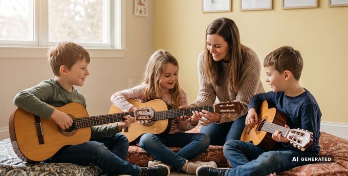 Kleine Gruppe von Grundschulkindern mit Kindergitarren im gemeinsamen Musikunterricht