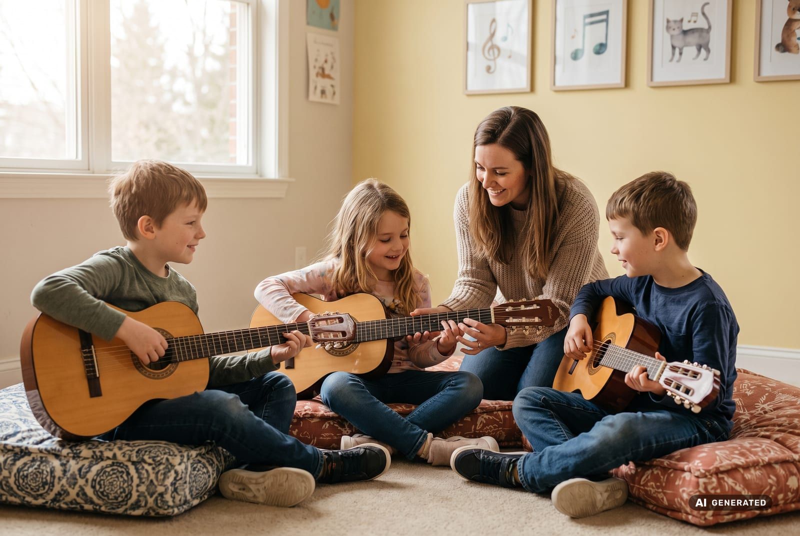 Kleine Gruppe von Grundschulkindern mit Kindergitarren im gemeinsamen Musikunterricht