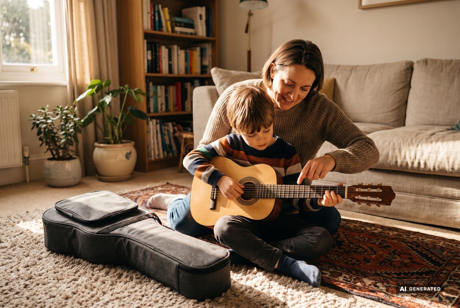 Elternteil und Kind betrachten gemeinsam eine Kindergitarre mit Tasche im Wohnzimmer