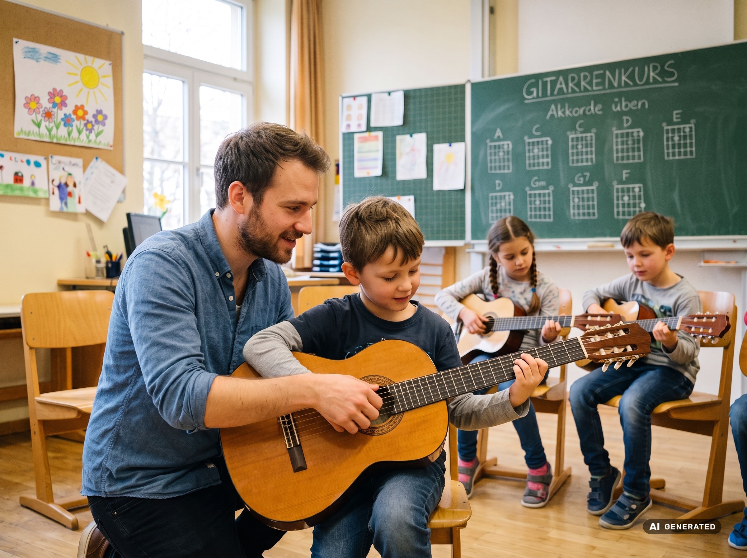 Gitarrenlehrer hilft einem Jungen beim Greifen der Akkorde im Kleingruppenunterricht