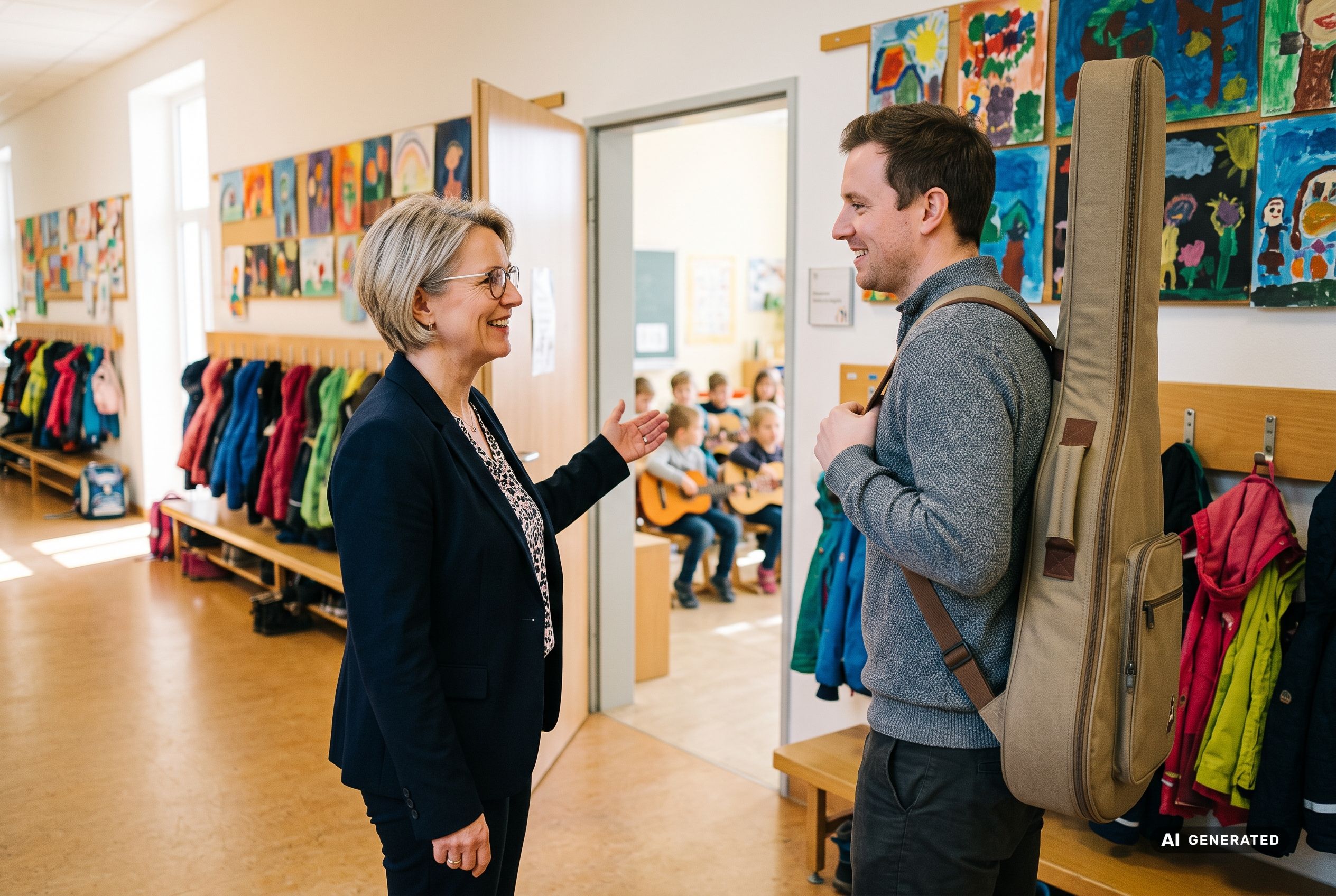Schulleiterin begrüßt eine Musiklehrkraft mit Gitarrenkoffer im Schulflur