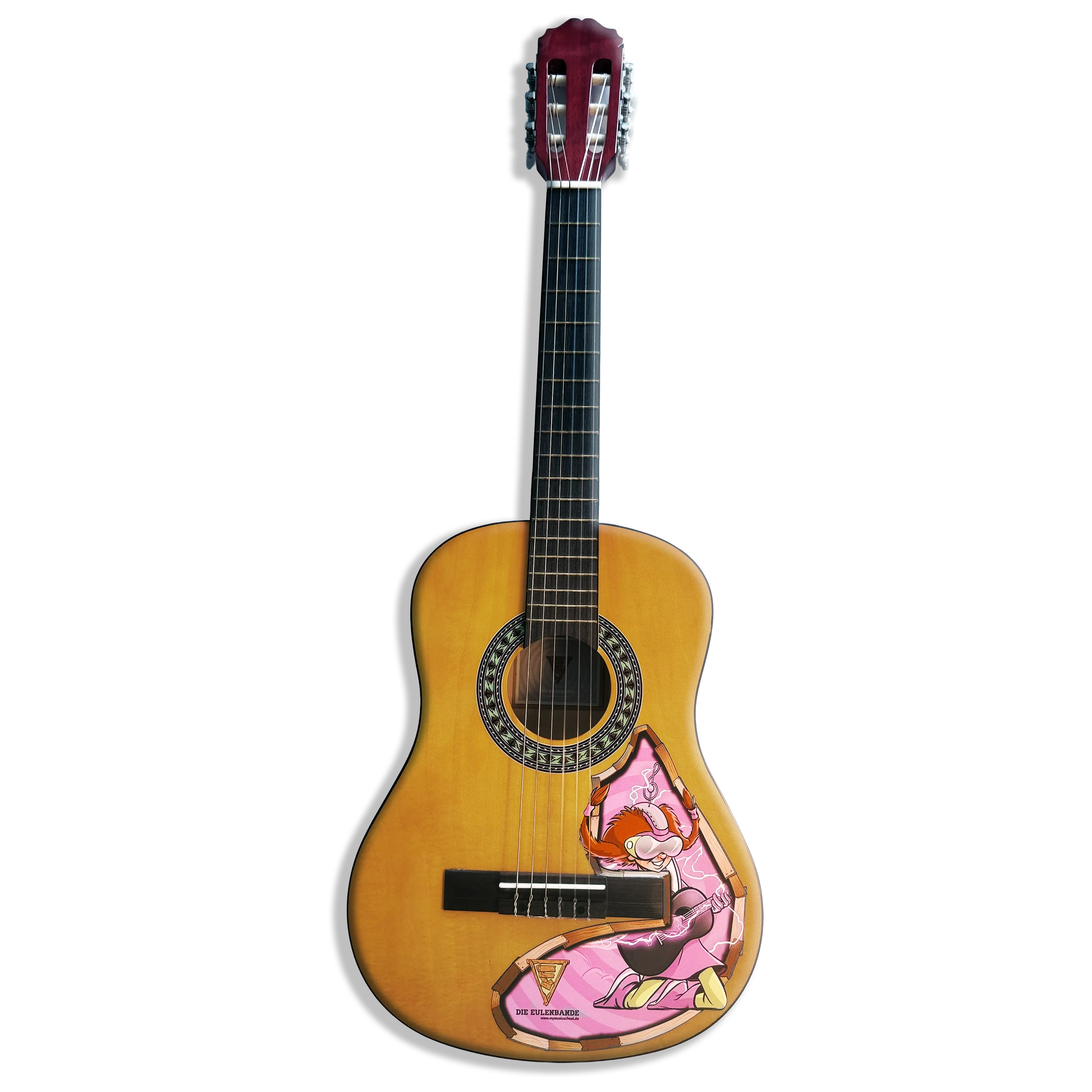 Leihgitarre mit dem Motiv Lea: ein rothaariges Mädchen in Pink, das Gitarre spielt