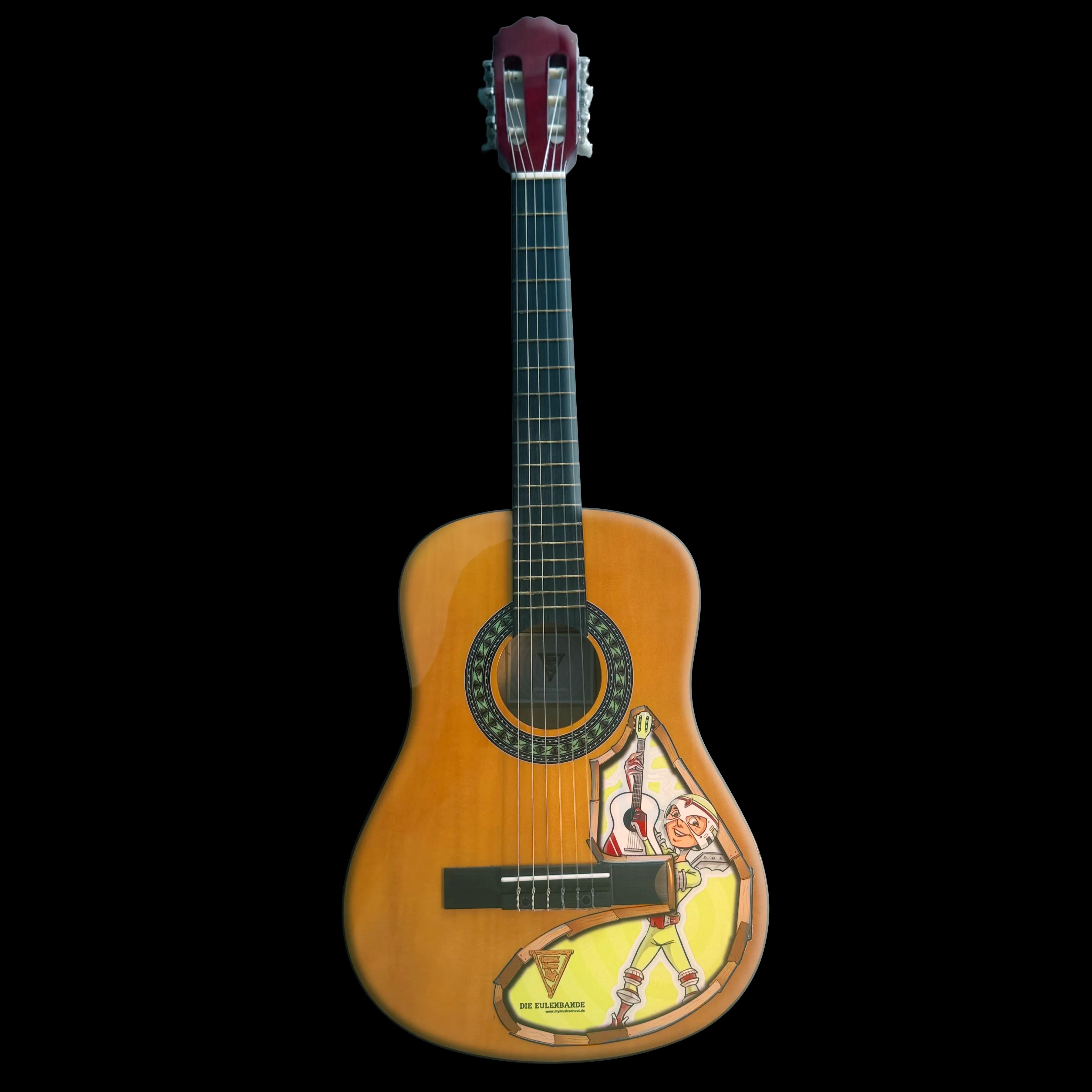 Kindergitarre im Eulenbande-Design: helles Holz, roter Kopf, auf der Decke das Motiv von Neo mit seiner Gitarre