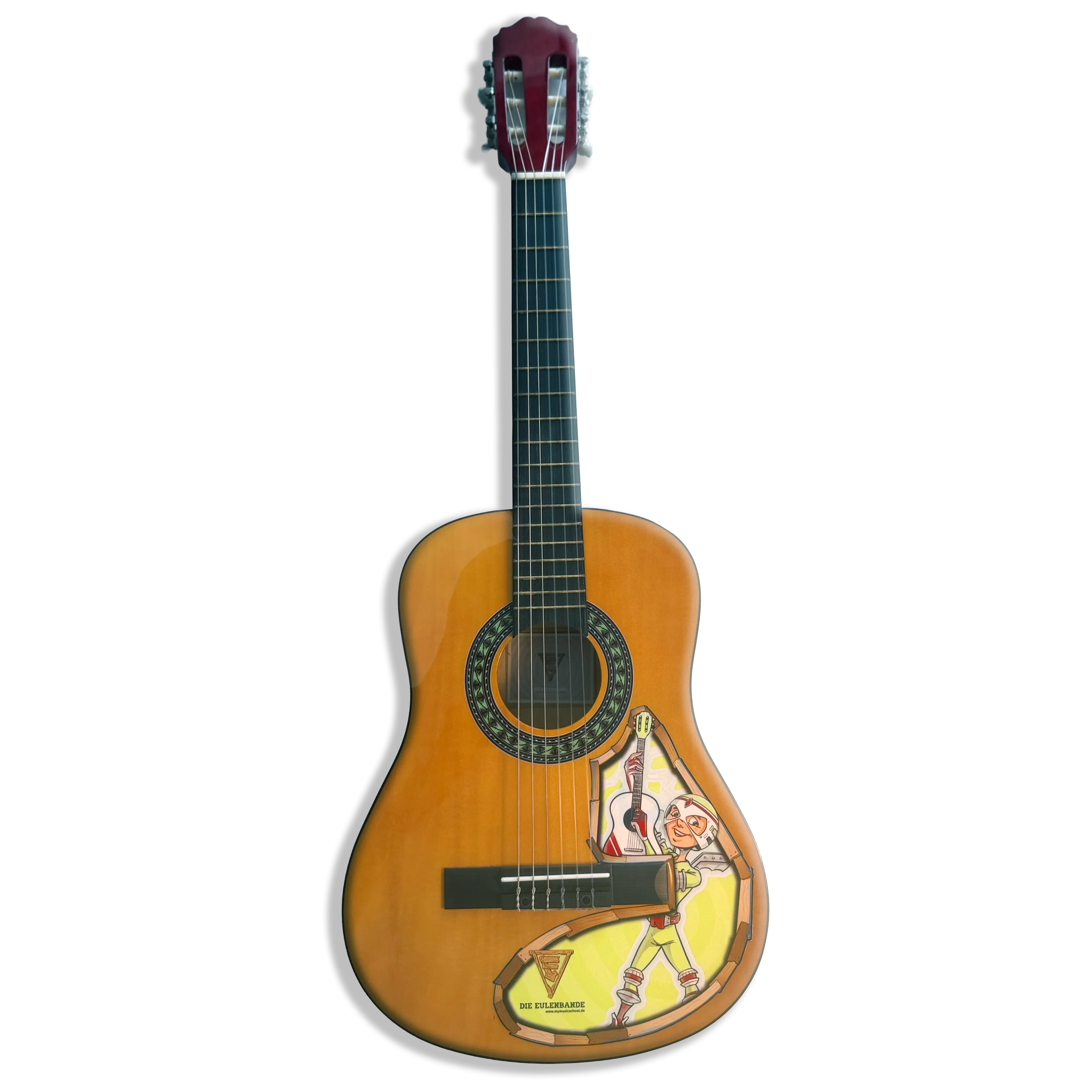 Leihgitarre mit dem Motiv Neo: ein Junge mit Helm, der seine Gitarre hochhält