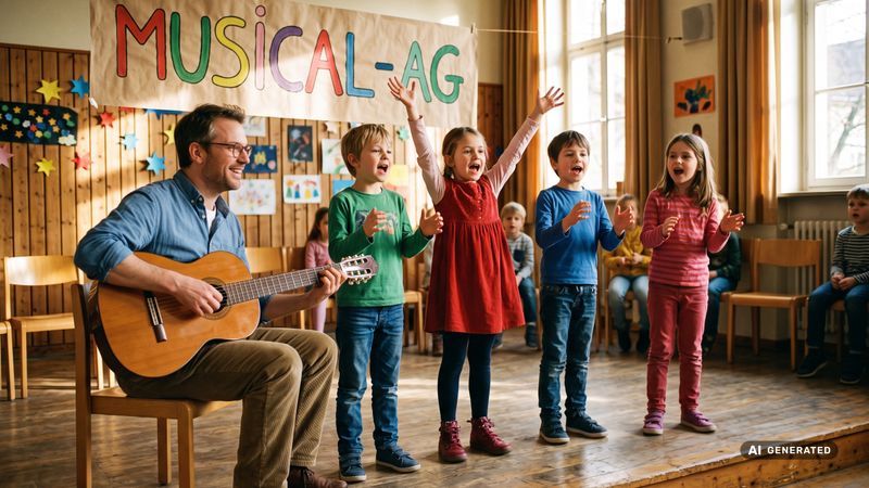 Kinder singen auf der Schulbühne unter einem Musical-AG-Banner, begleitet vom Gitarrenlehrer