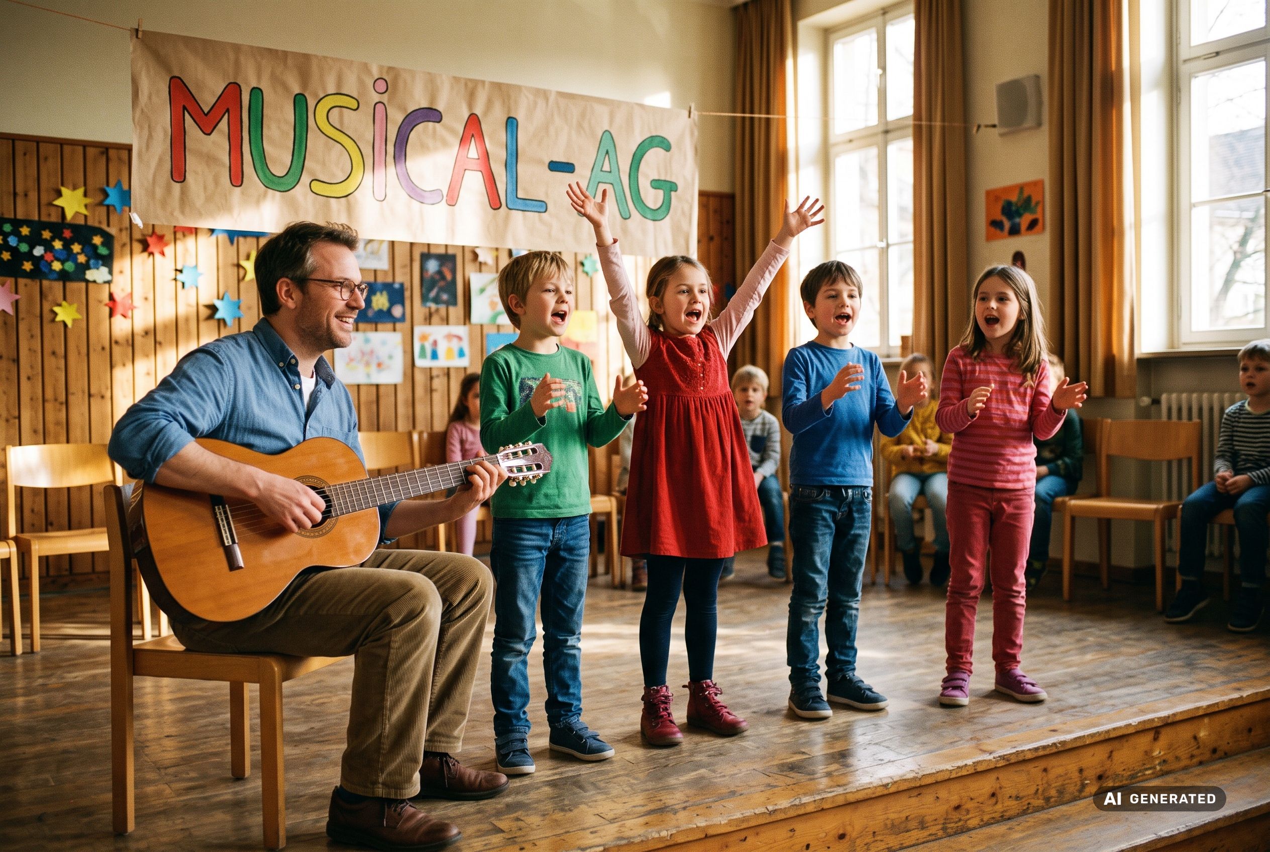 Kinder singen auf der Schulbühne unter einem Musical-AG-Banner, begleitet vom Gitarrenlehrer