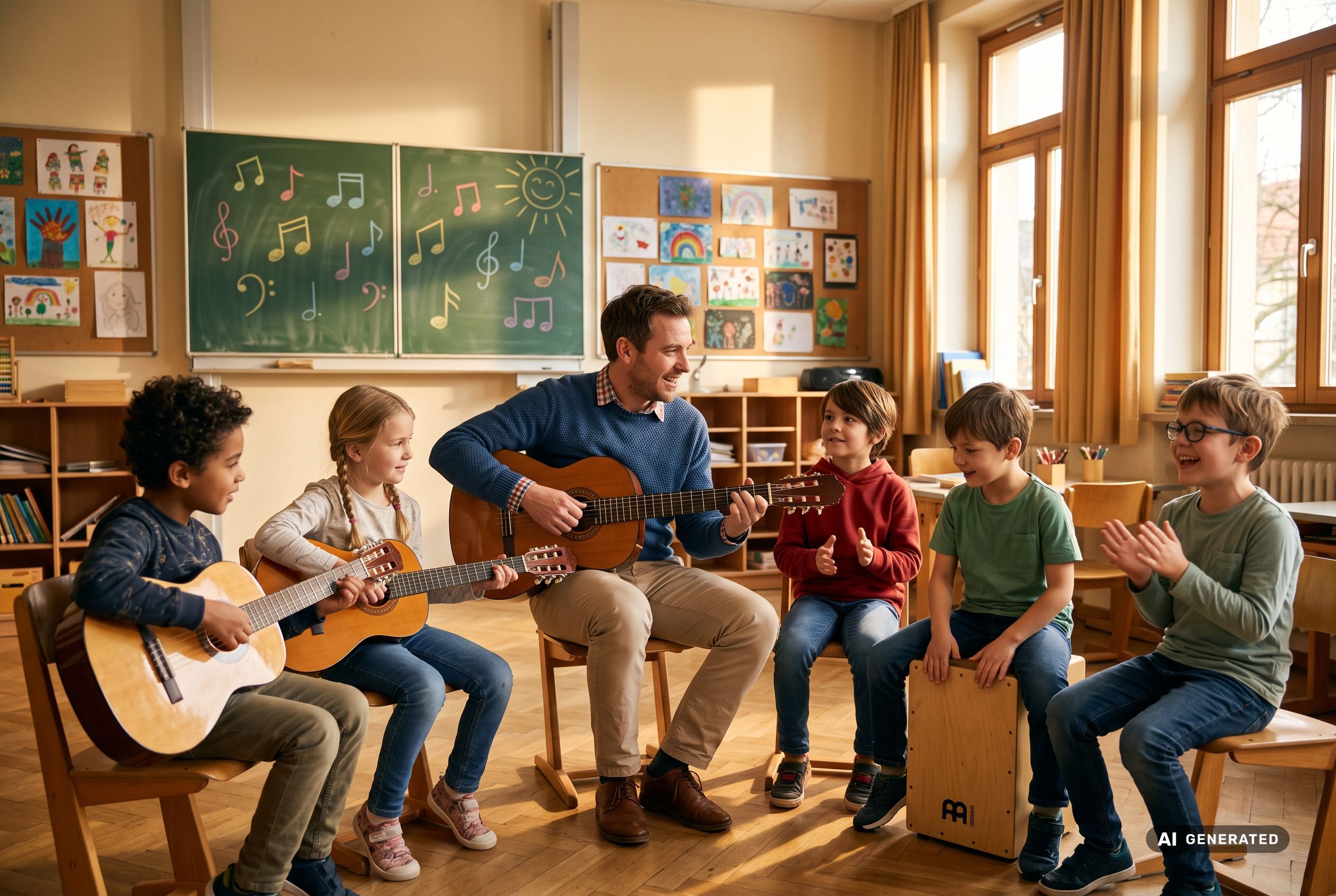 Musiklehrer spielt Gitarre mit sechs Kindern an Gitarren und Cajon im Klassenzimmer