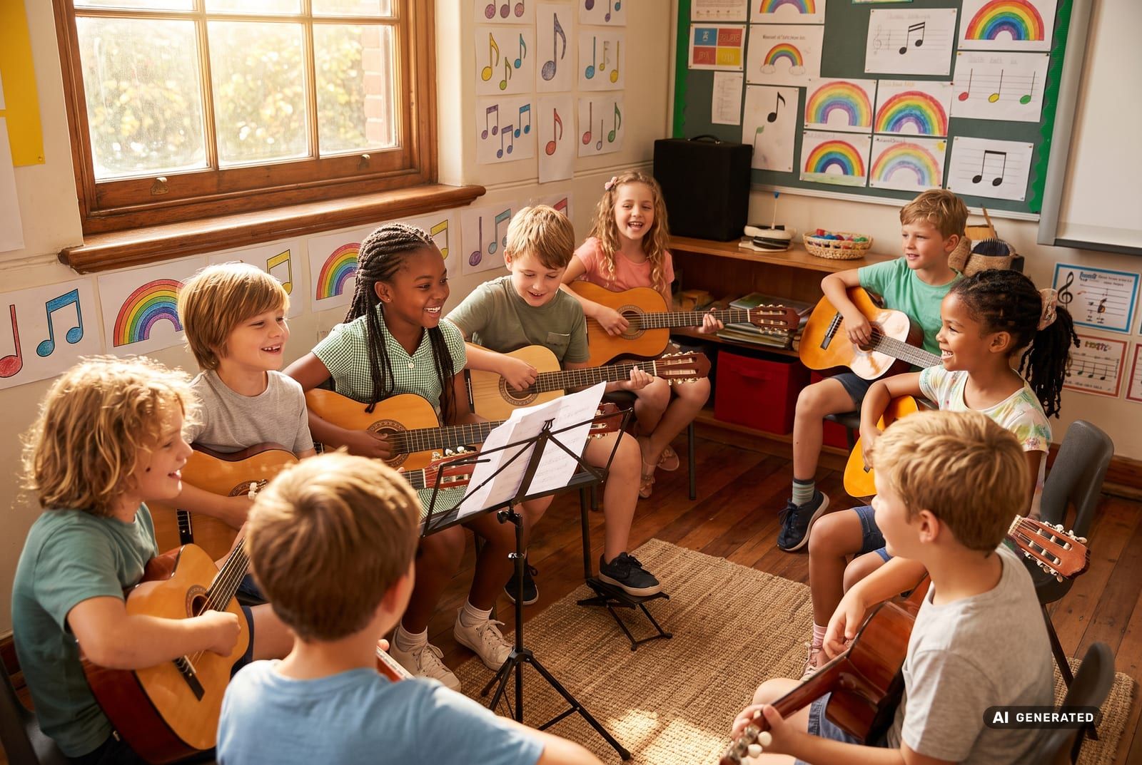 Fröhliche Grundschulkinder mit Kindergitarren in einer Musik-AG im Klassenraum
