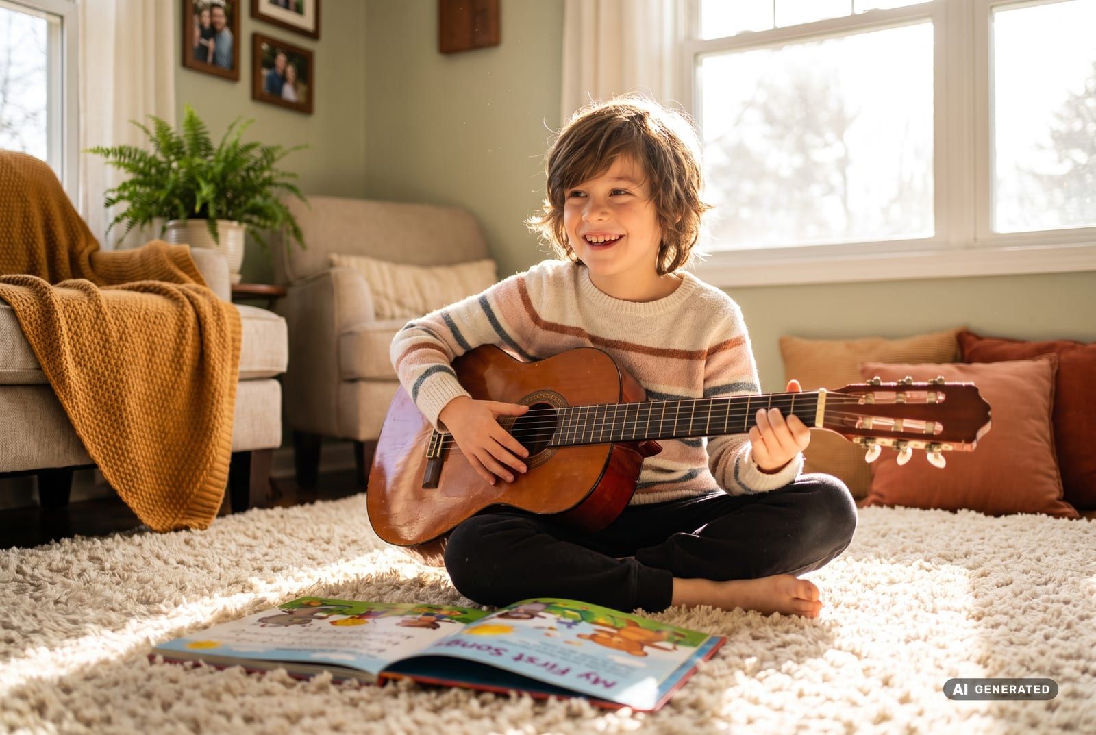 Kind spielt entspannt Kindergitarre neben einem bunten Musikbuch, ohne klassische Noten