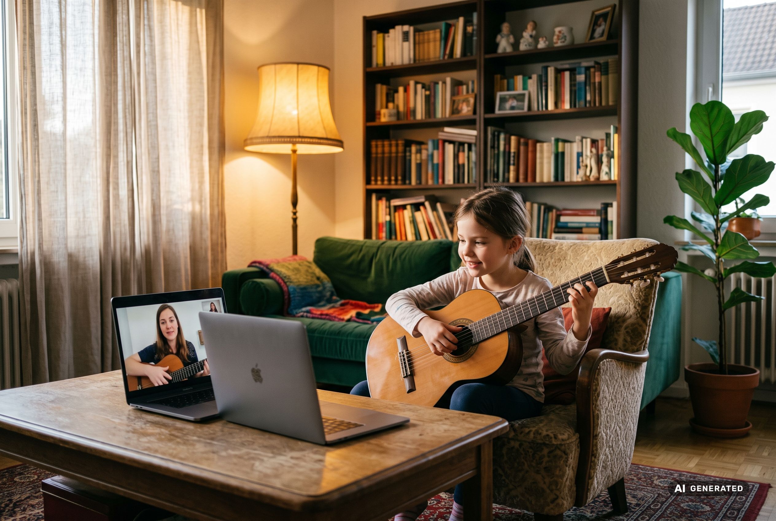 Kind übt zuhause am Schreibtisch Gitarre und folgt dem Online-Unterricht am Laptop