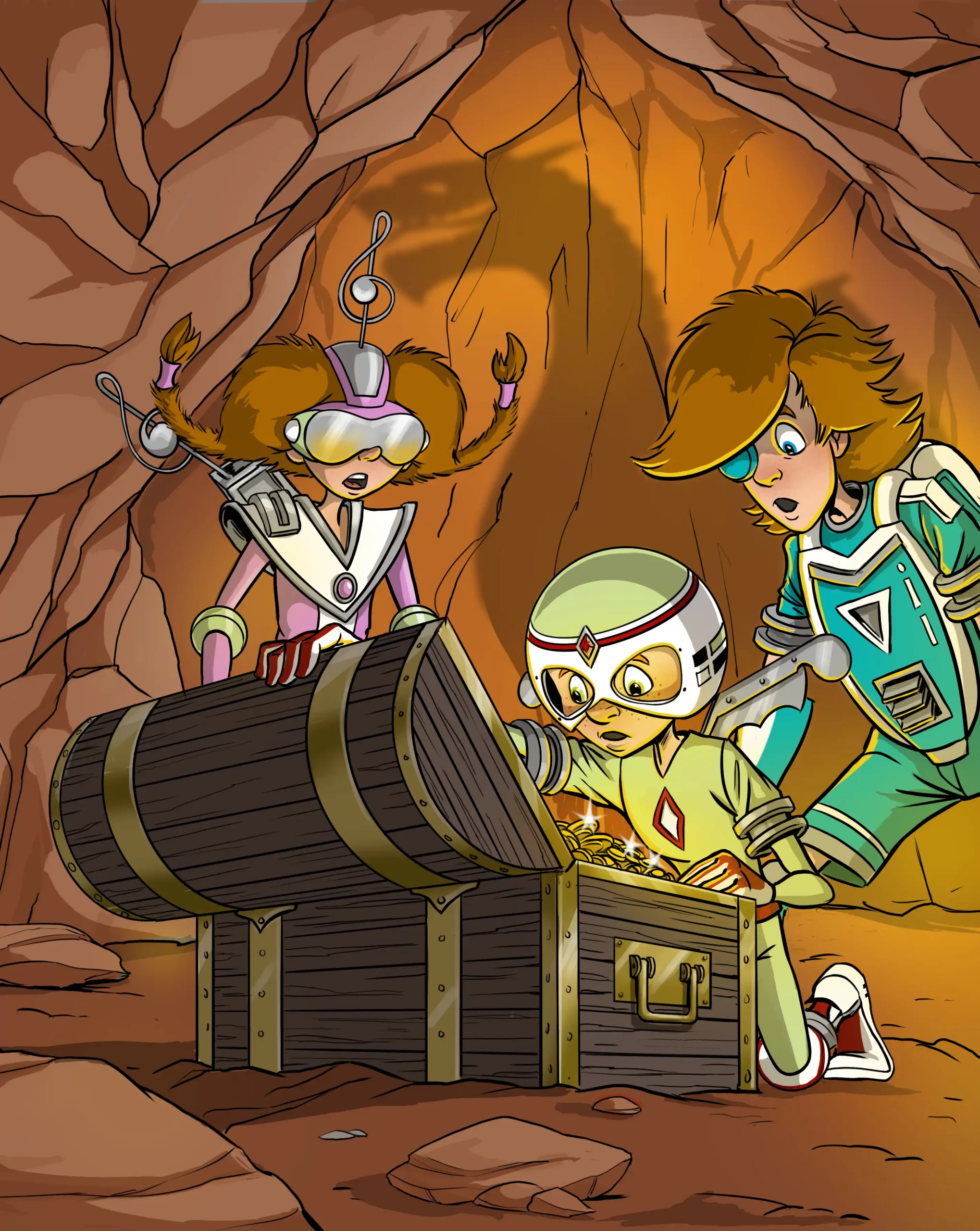 Neo, Lea und Finn von der Eulenbande entdecken in einer Höhle eine Schatztruhe voller Goldmünzen.