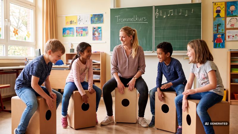 Trommellehrerin sitzt mit vier Kindern im Cajon-Kreis im Klassenzimmer