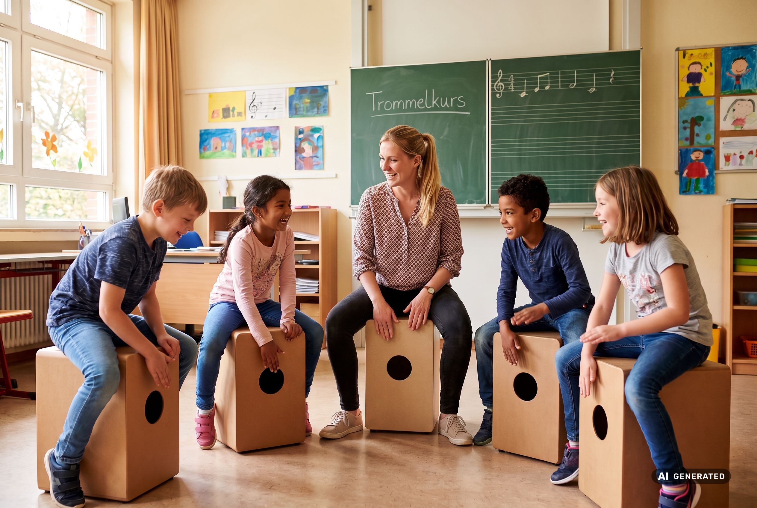 Trommellehrerin sitzt mit vier Kindern im Cajon-Kreis im Klassenzimmer