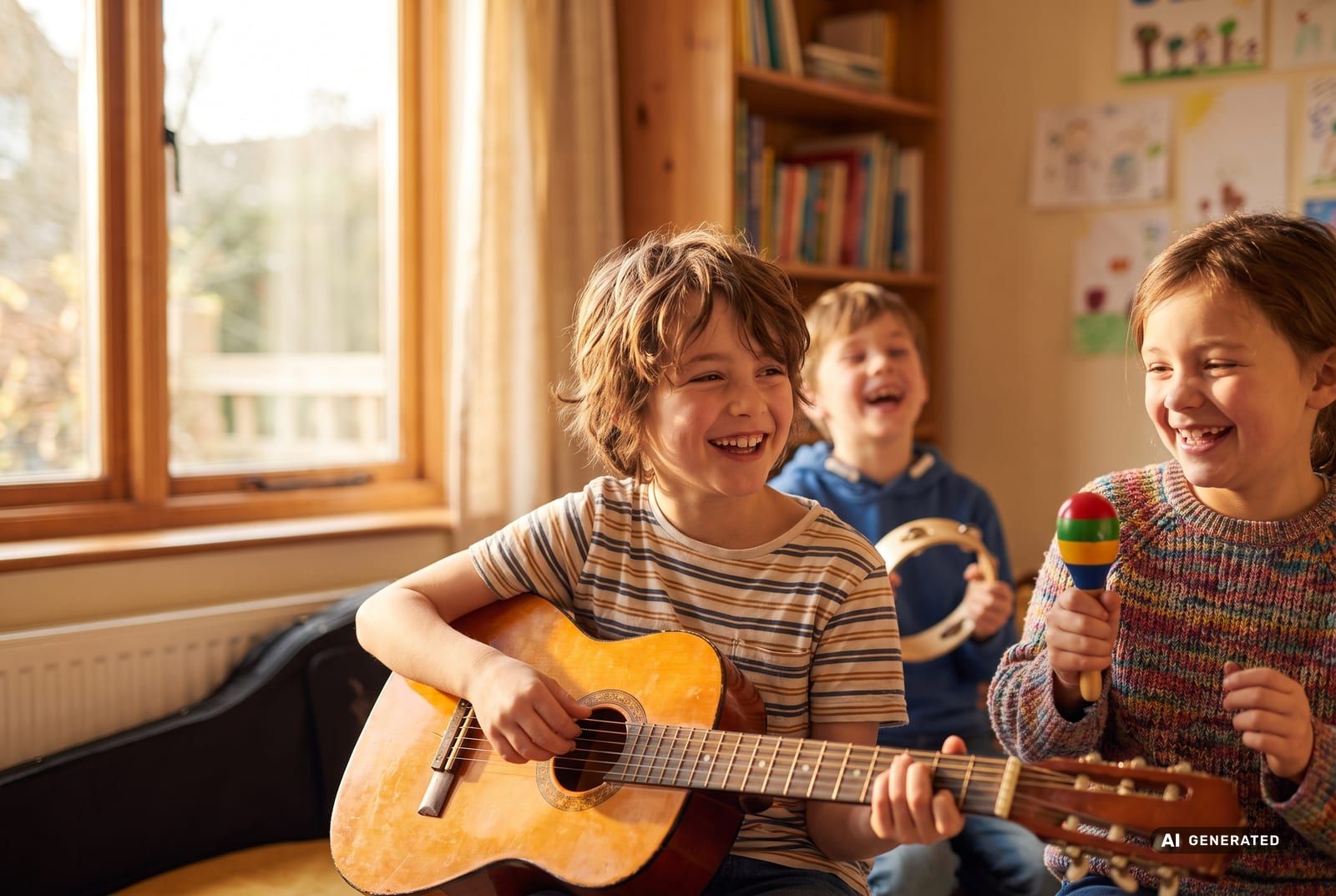 Mehrere Grundschulkinder musizieren gemeinsam fröhlich mit Gitarre und Percussion