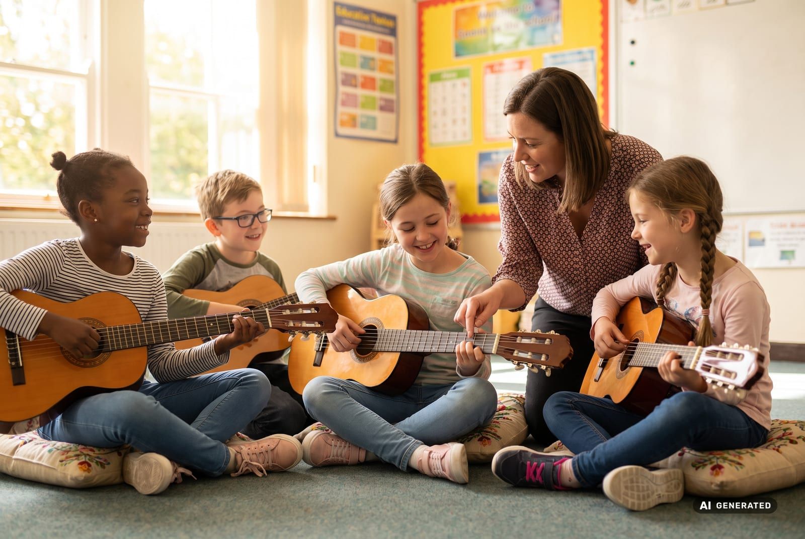 Kleine Gruppe Grundschulkinder mit Kindergitarren im Gitarrenkurs mit einer Lehrkraft
