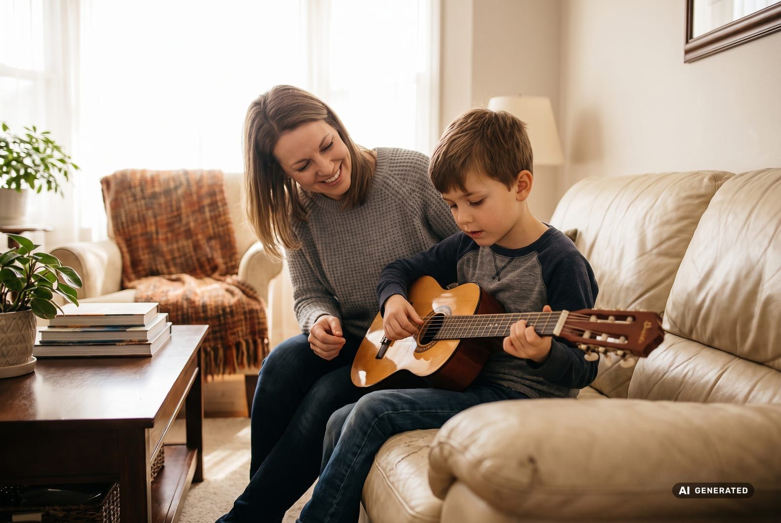 Elternteil begleitet ermutigend ein Kind beim Üben an der Kindergitarre zuhause